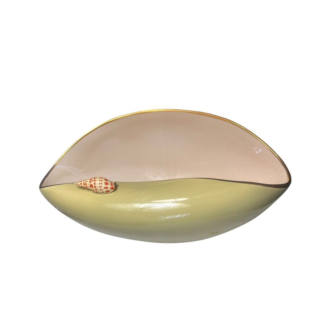L'OBJET Portugal GREEN Large Oval Shell Style porcelain Bowl 24kt gold trim